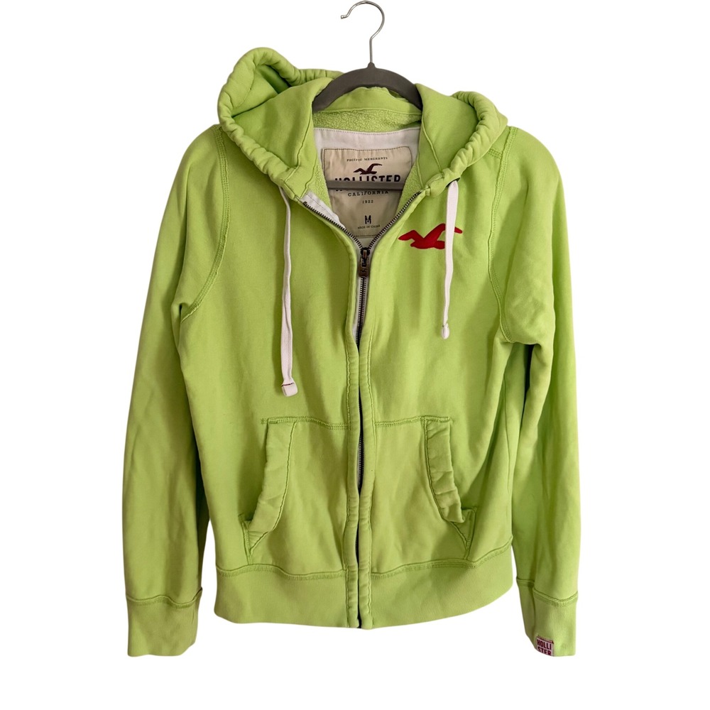 Vintage Hollister Y2K Lime Green Full Zip Hoodie Logo Medium Casual Beach 2000s
